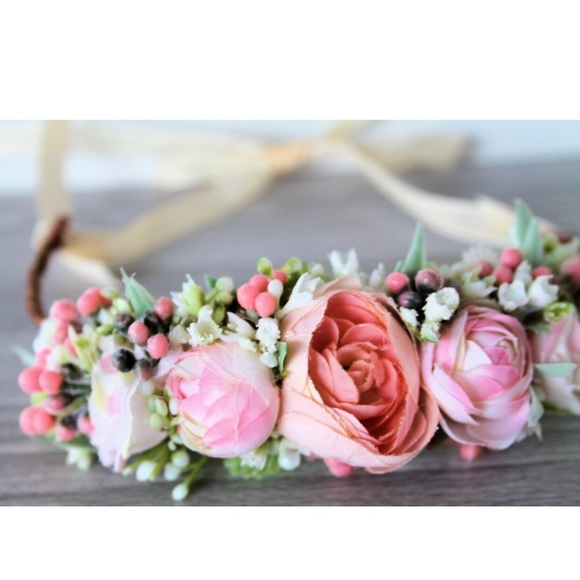 NWT Flower Halo Floral Crown Tie Back Photo Prop Fairy Peach nb 3m 6m 12m #TPPH - Picture 6 of 8